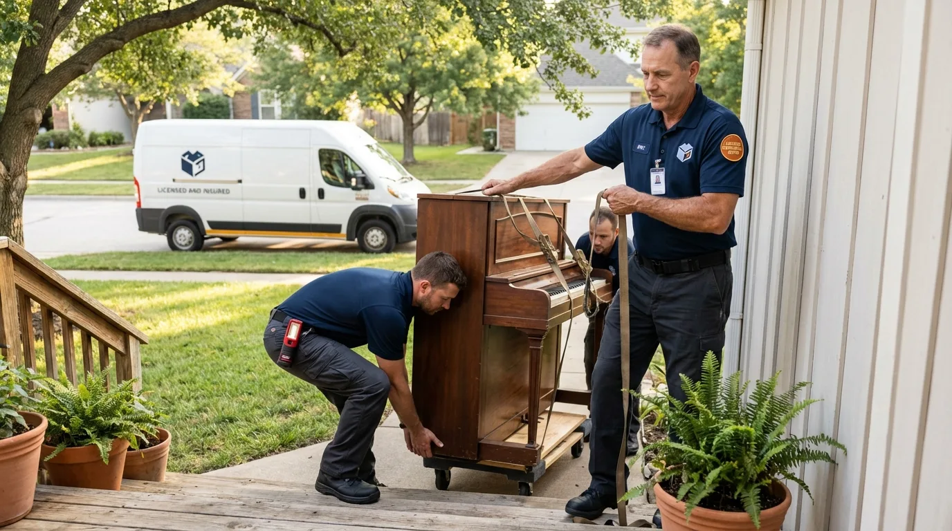 Licensed piano movers securing grand piano in Joseph, OR