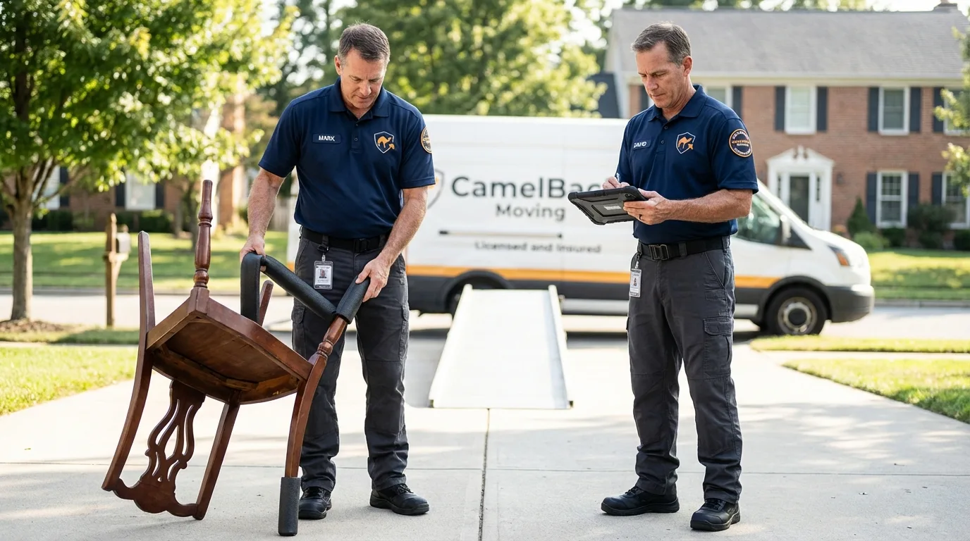 Movers inspecting furniture for damage prevention before loading in Joseph, OR